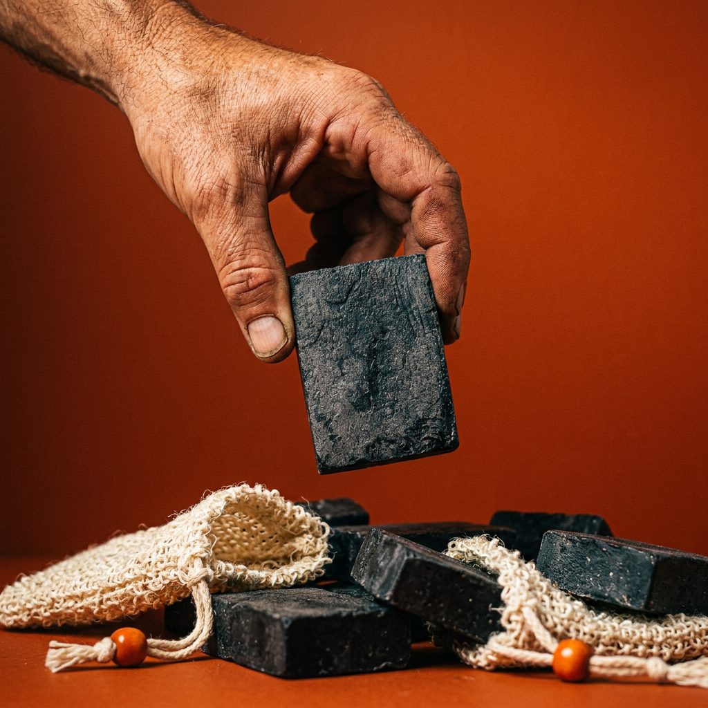 A hand lifting a Stink Slayer charcoal bar